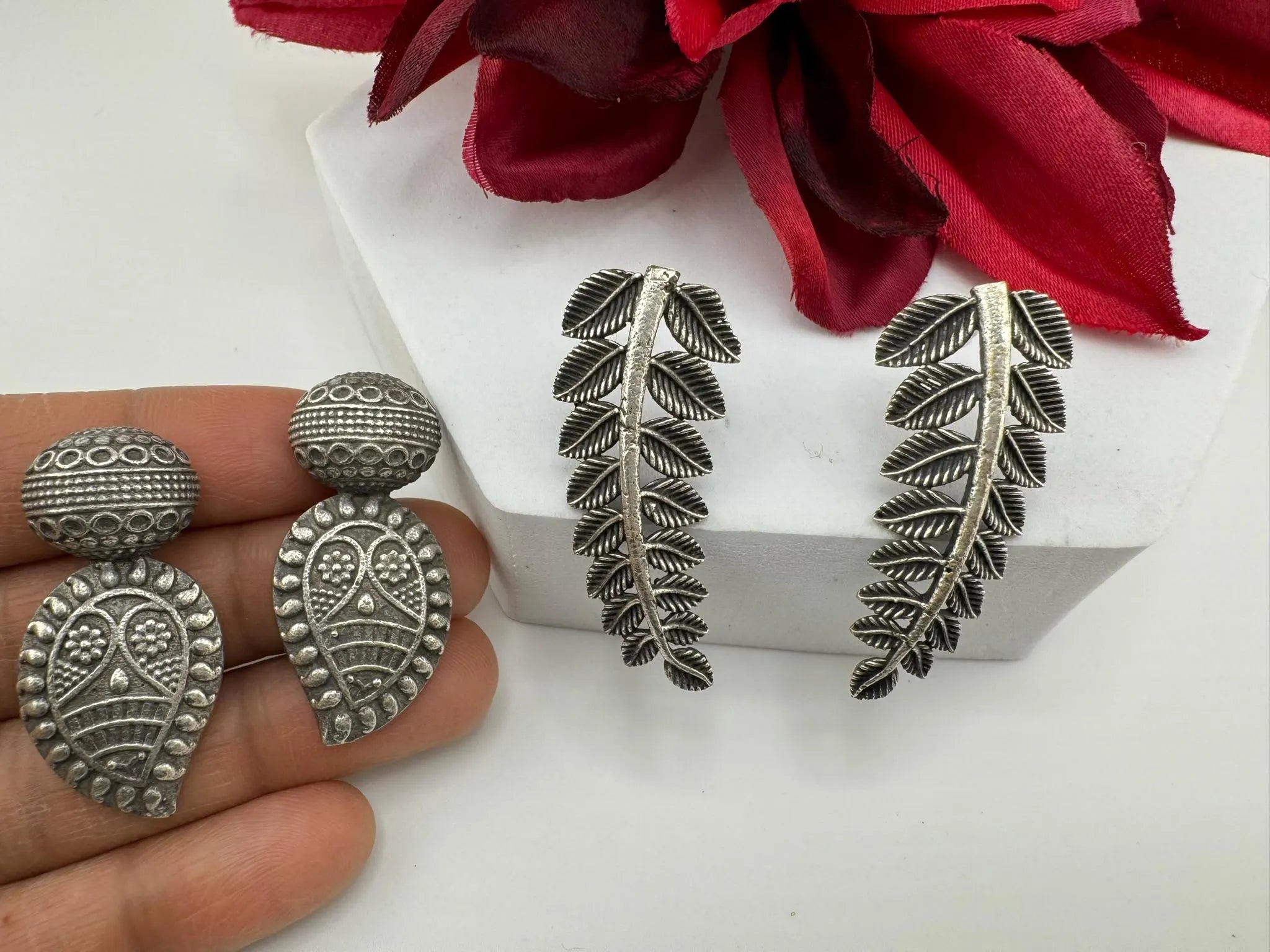 COMBO of 2 German SIlver oxidized earrings, leaf and mango earrings