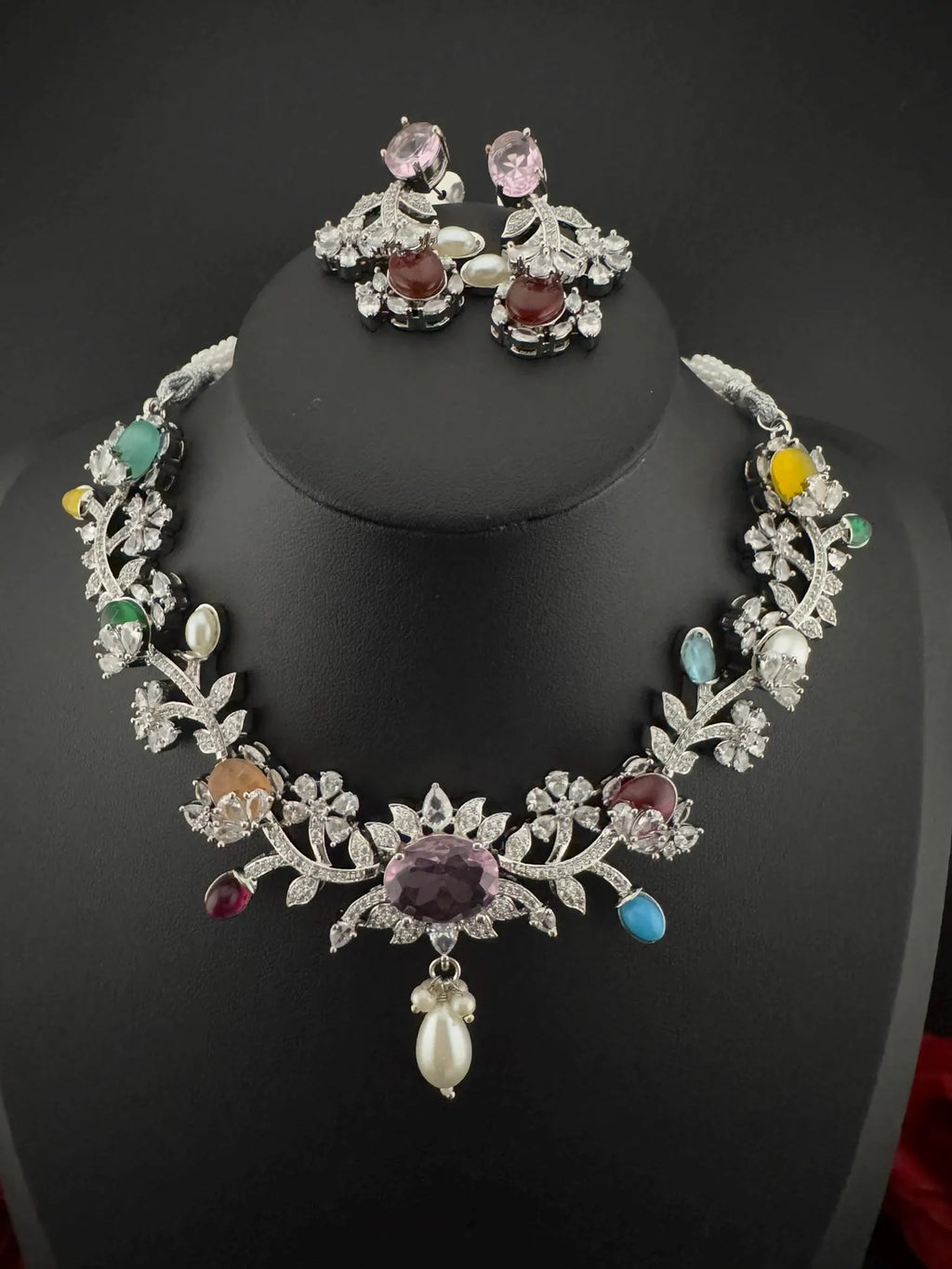 Pink Premium American Diamond, Cubic Zirconia, stones and Pearls Floral Necklace with earrings