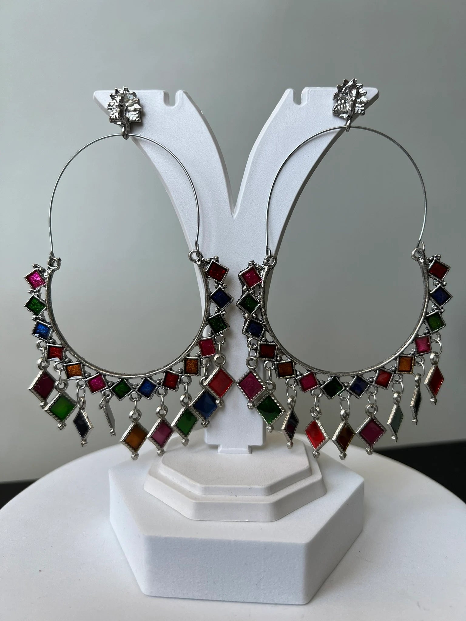 Oversized Multicolor Oxidized German silver Hoop earrings with Enamel details