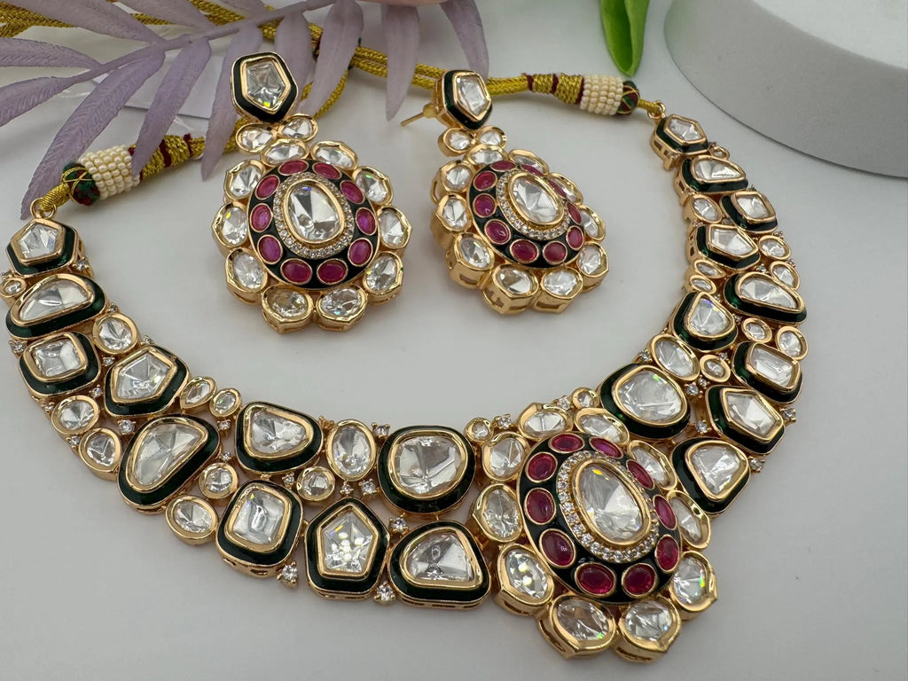 Bridal Premium Quality Moissanite Kundan, Italian Minakari, CZ, Stones Tyaani Inspired Necklace set with earrings