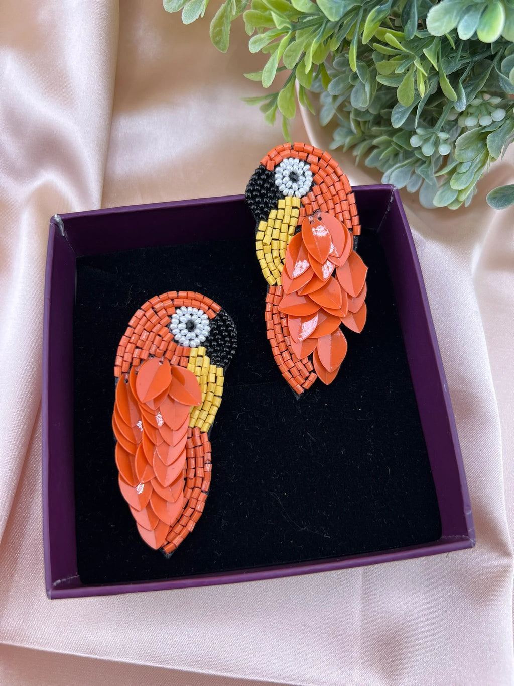 Orange Bird Beaded earrings, Quirky Handmade earrings