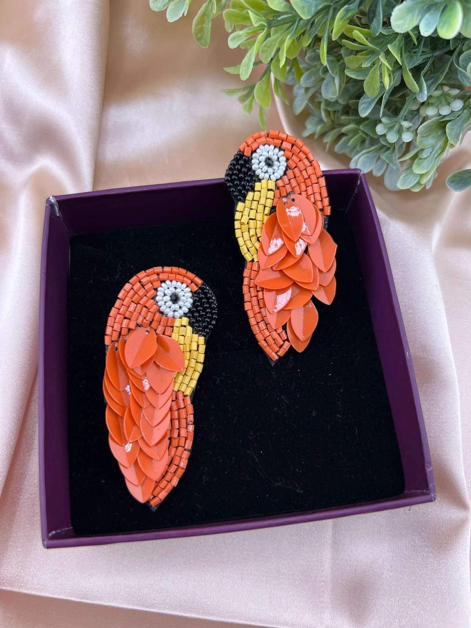 Orange Bird Beaded earrings, Quirky Handmade earrings