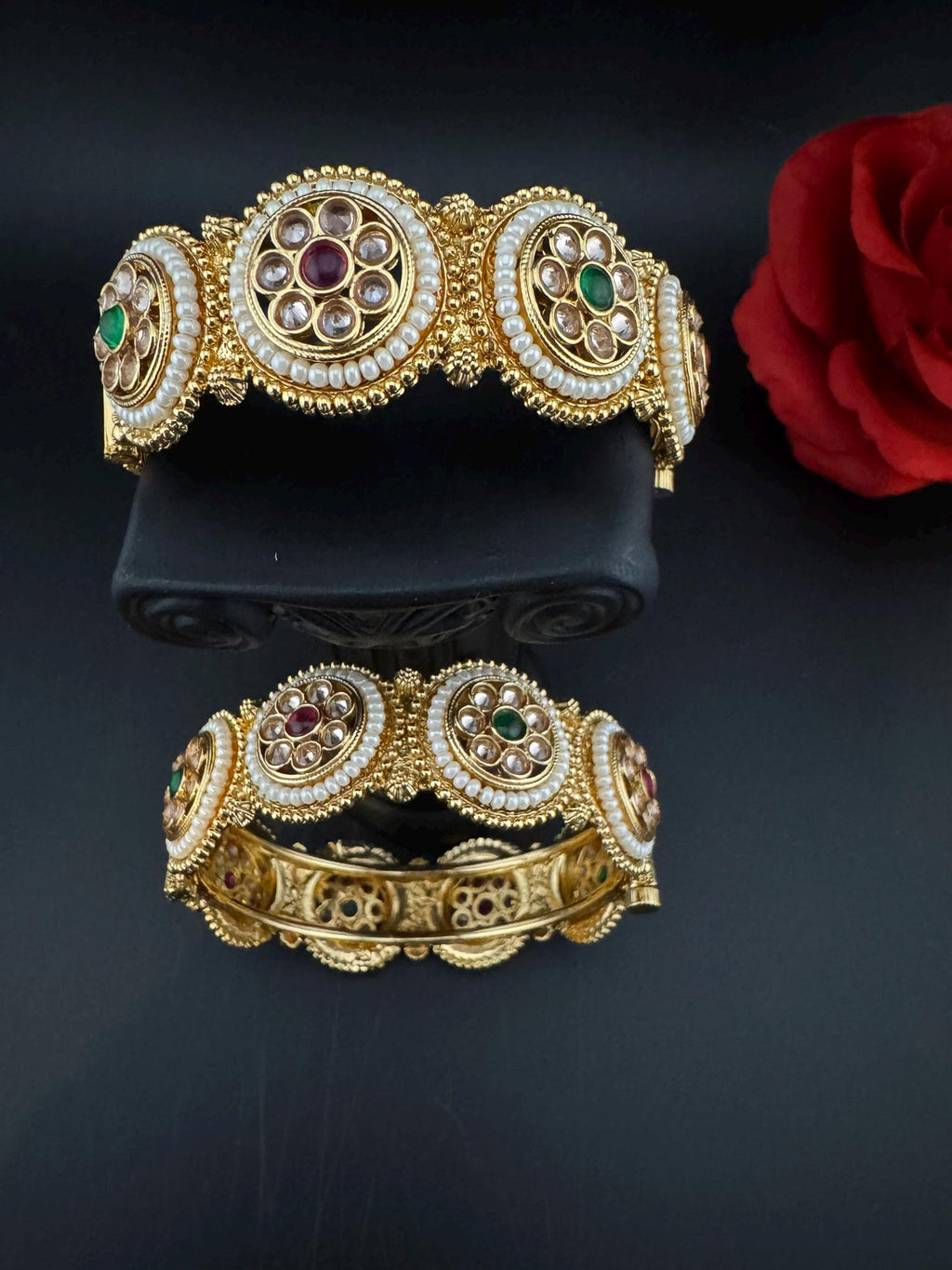 Amrapali inspired Designer Openable bangles in Matt Gold and multicolor stones