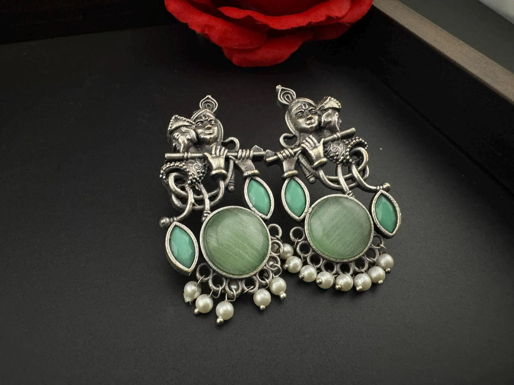 Silver Polish Oxidized German Silver Radhe Krishna Earrings with stones and Pearls