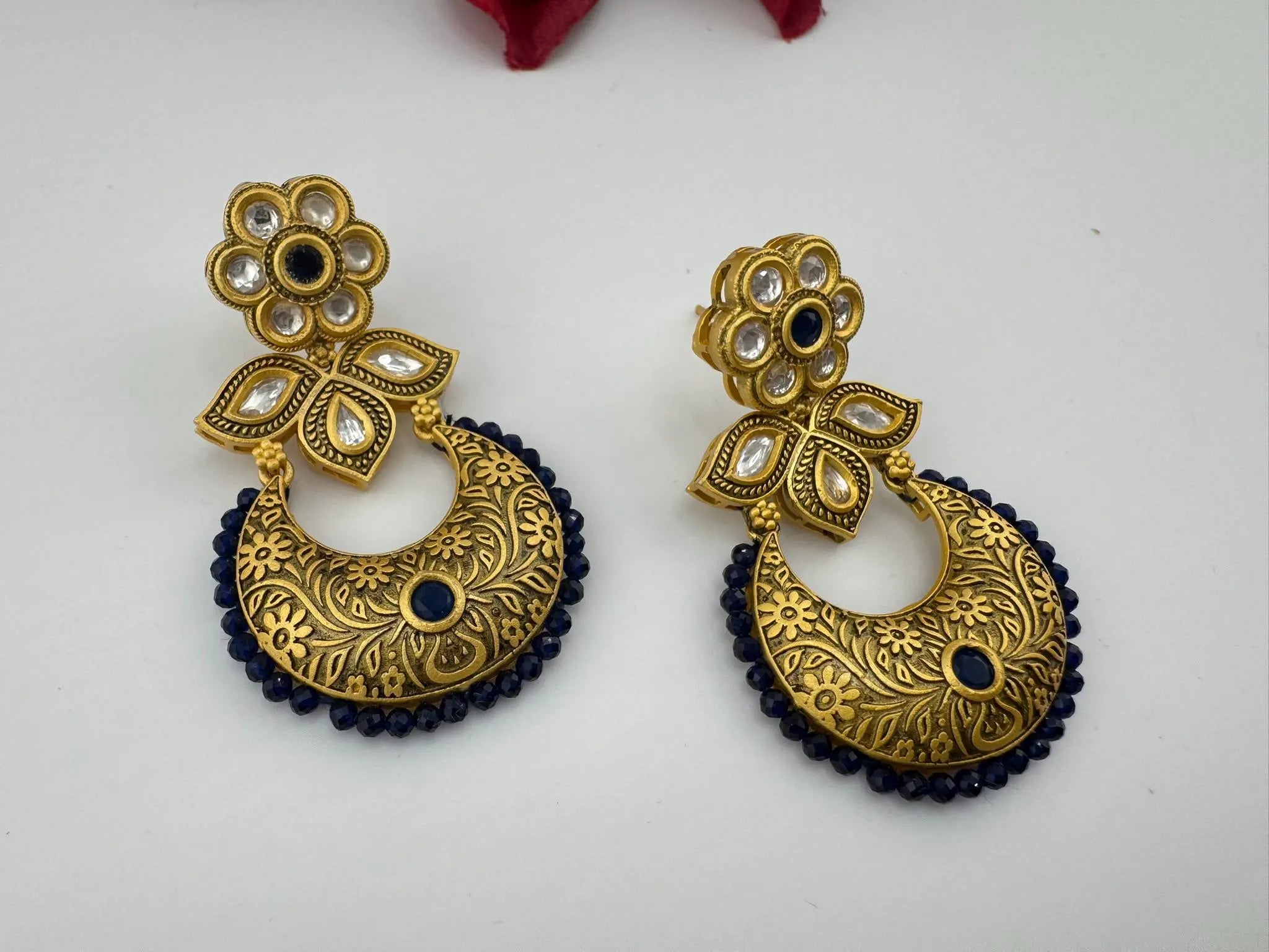 Premium kundan and Blue onyx beads Chand Bali in Matt Gold Amrapali inspired designer earrings