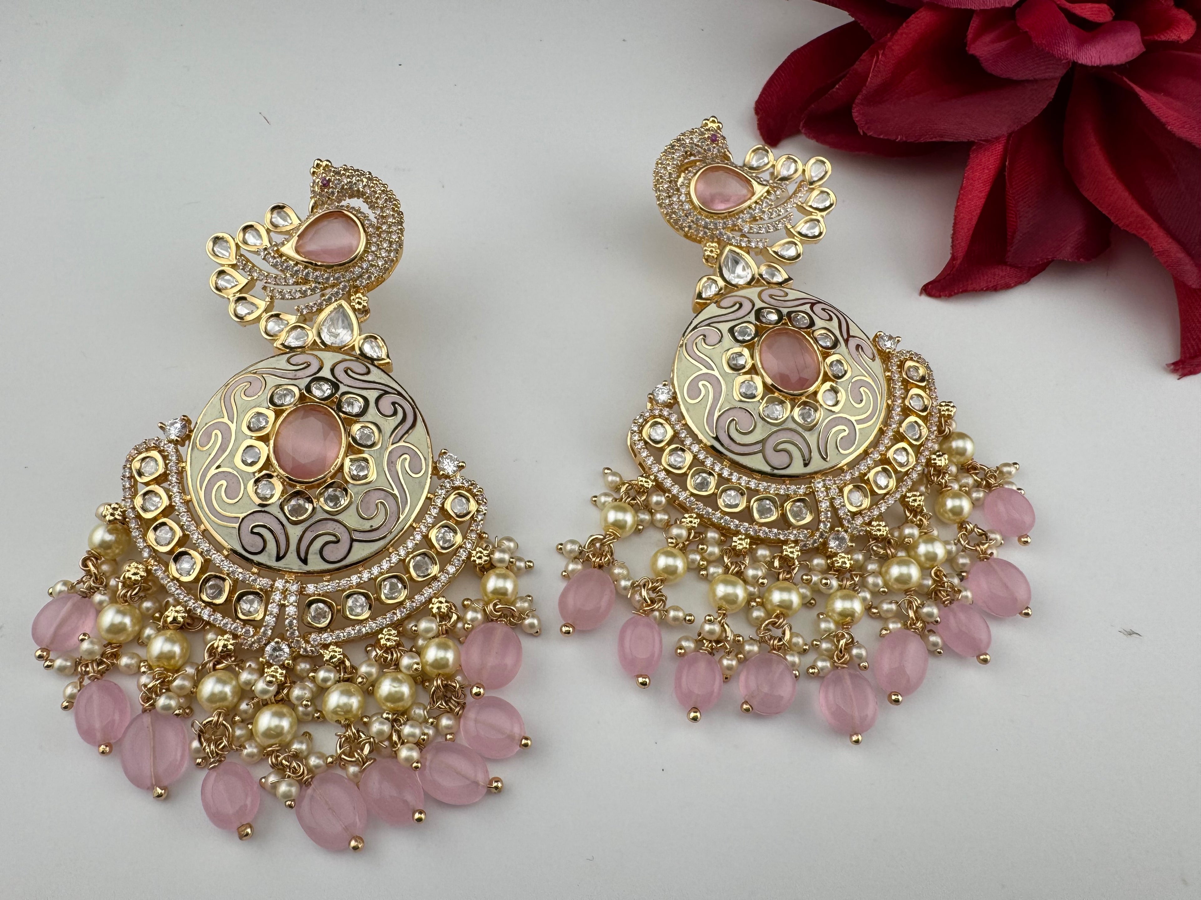 Enamel and Gold Kundan Chandelier Long Earrings, High shine Bridal Moissanite CZ, Designer Earrings