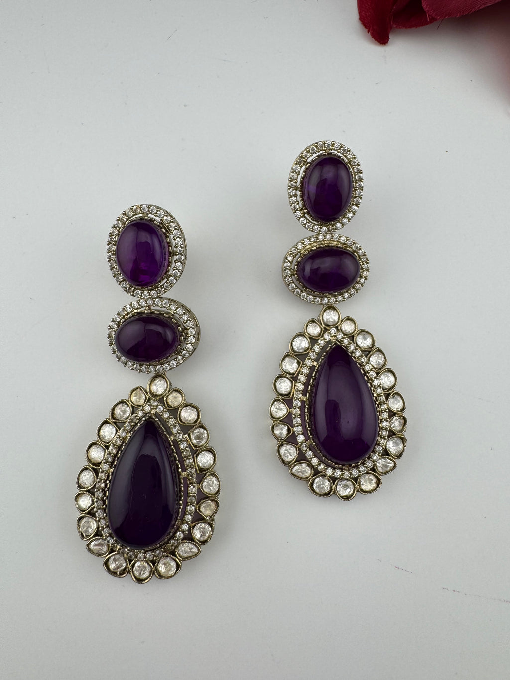 Purple and Gold Kundan, Doublet Stone Chandelier Long Earrings, Bridal, Moissanite, CZ, Designer jewelry