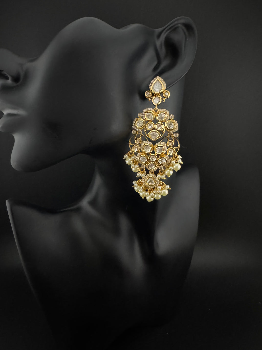 White and Gold Kundan, Pearls Chandelier Earrings, High shine Bridal, Moissanite, CZ, Designer jewelry