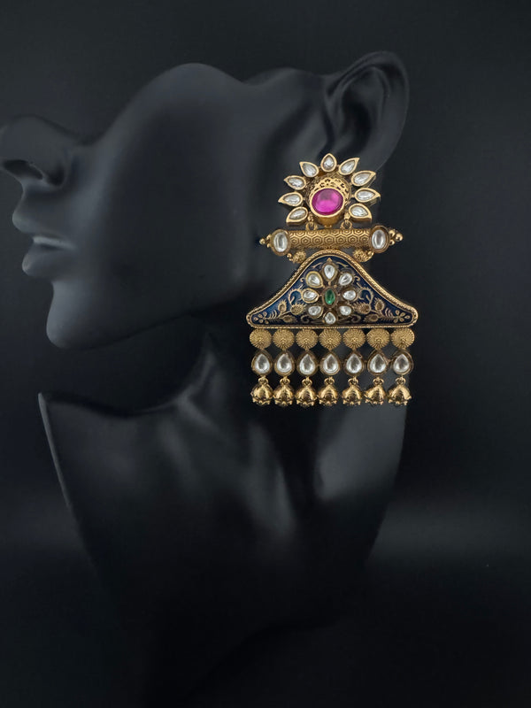 Amrapali inspired Matt Gold, kundan, Enamel, Oversized ChandBali long Earrings, designer jewelry