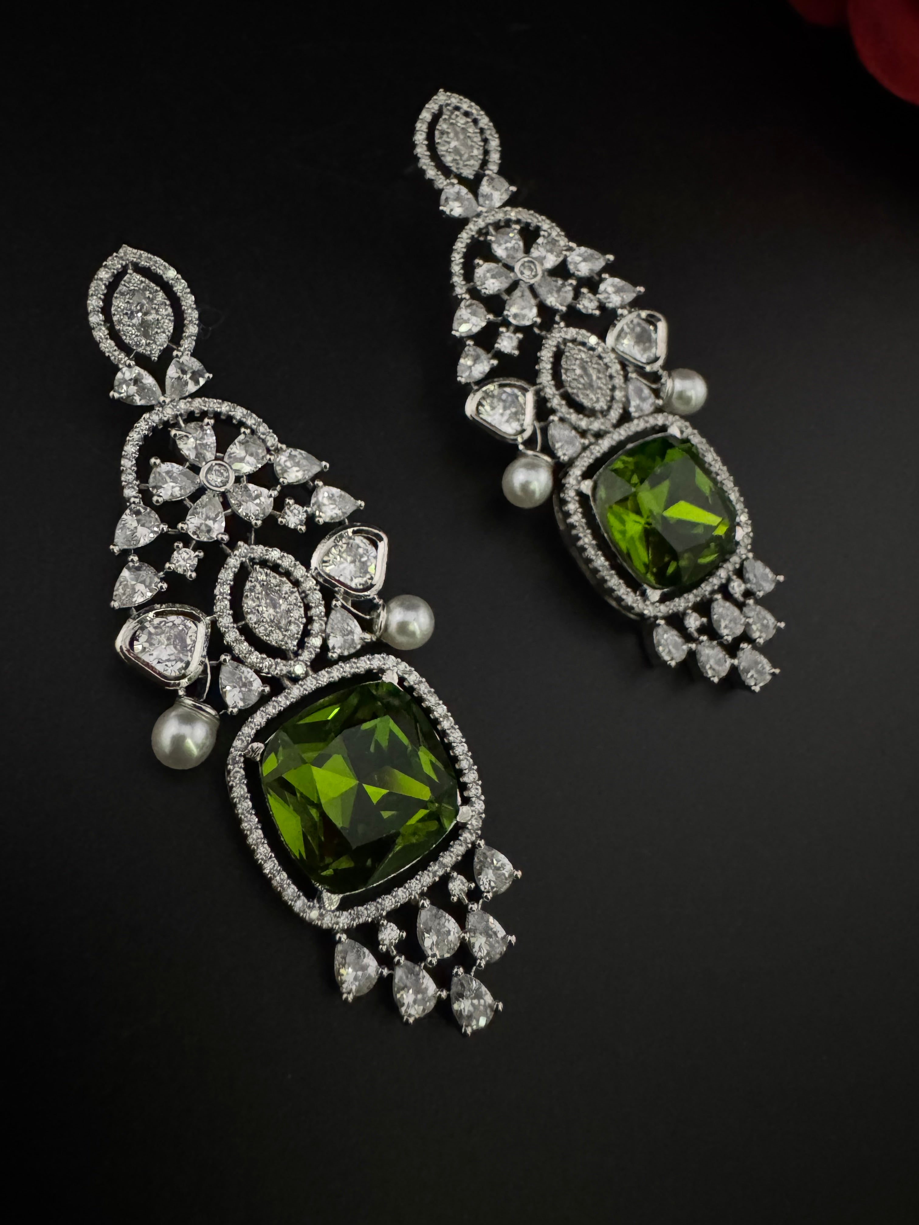 Champagne Cubic Zirconia Chandelier Long earrings with Pearls and Crystals