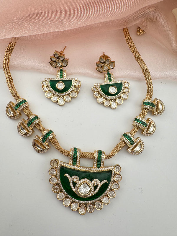 Kundan, Moissanite, MOP, CZ Flexible Gold necklace set, Indian Bridal Jewelry