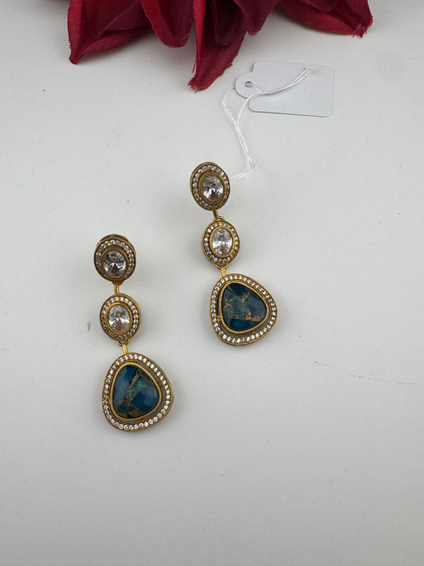 Kundan, CZ, Gold, Marble Stone Long Earrings, Bridal, Moissanite, CZ, Designer jewelry