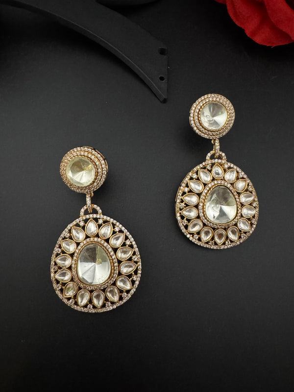 Golden Kundan, CZ, Chandbali Earrings, High shine, Bridal, Moissanite, Designer jewelry