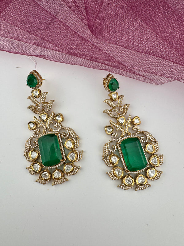 Gold with Emerald green Doublet stone, kundan, cubic zirconia chandbali Drop earrings, Indian Jewelry