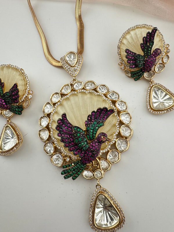 Kundan, CZ, MOP, Uncut Polki Long Pendant necklace set, 3D Pendant, everyday wear jewelry