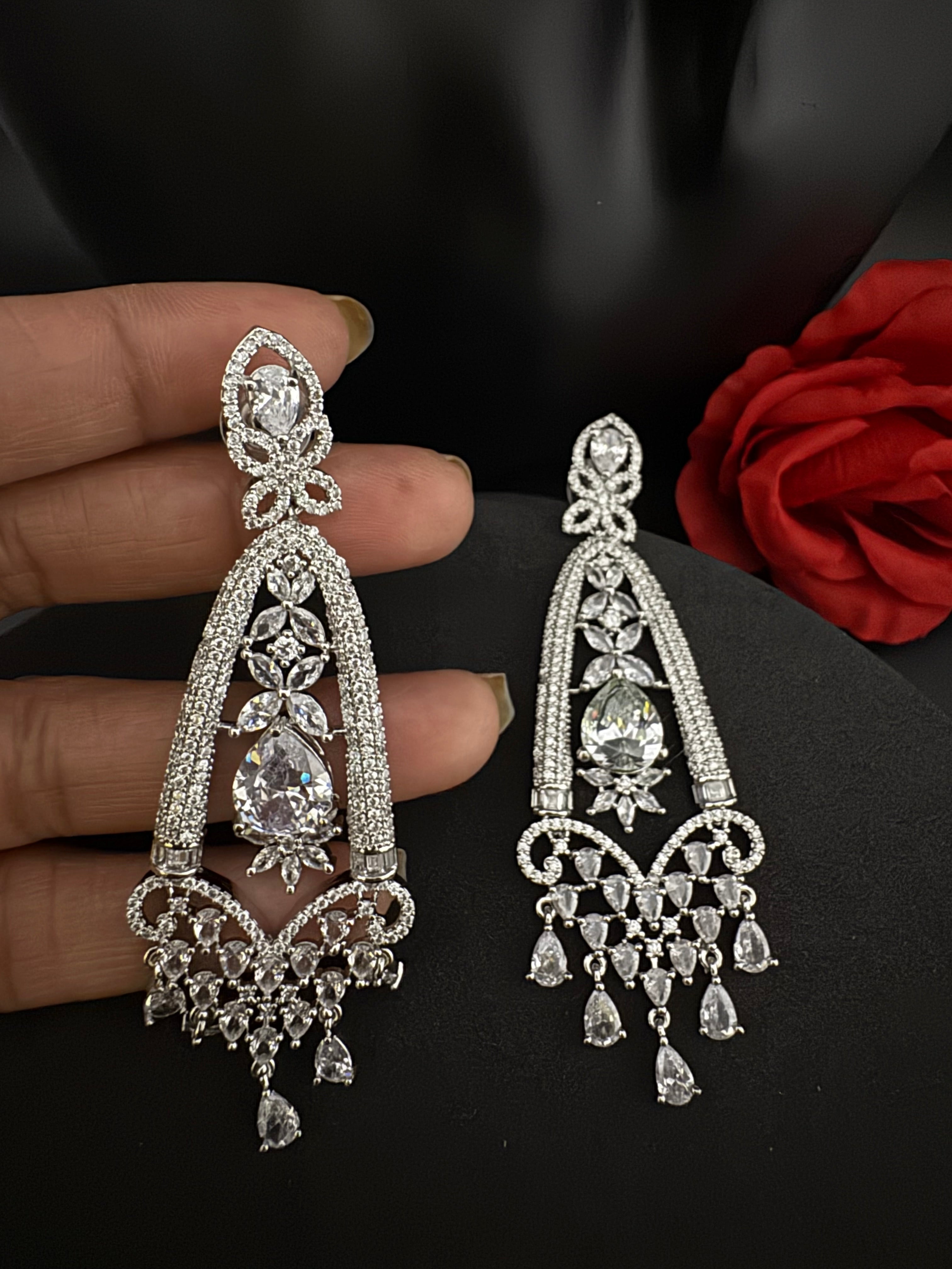Premium Cubic Zirconia Crystals Chandelier earrings is designer Inspired, Statement Long sleek earring, Bridal, Party, Wedding jewelry, chic