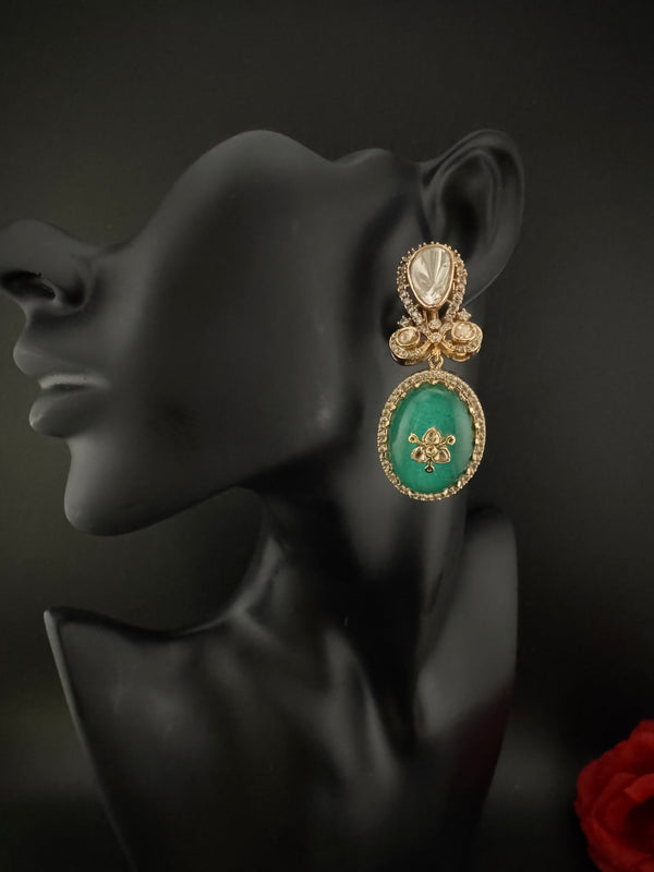 Green and Gold Kundan, Doublet Stone Chandelier Drop Earrings, Bridal, Moissanite, CZ, Designer jewelry