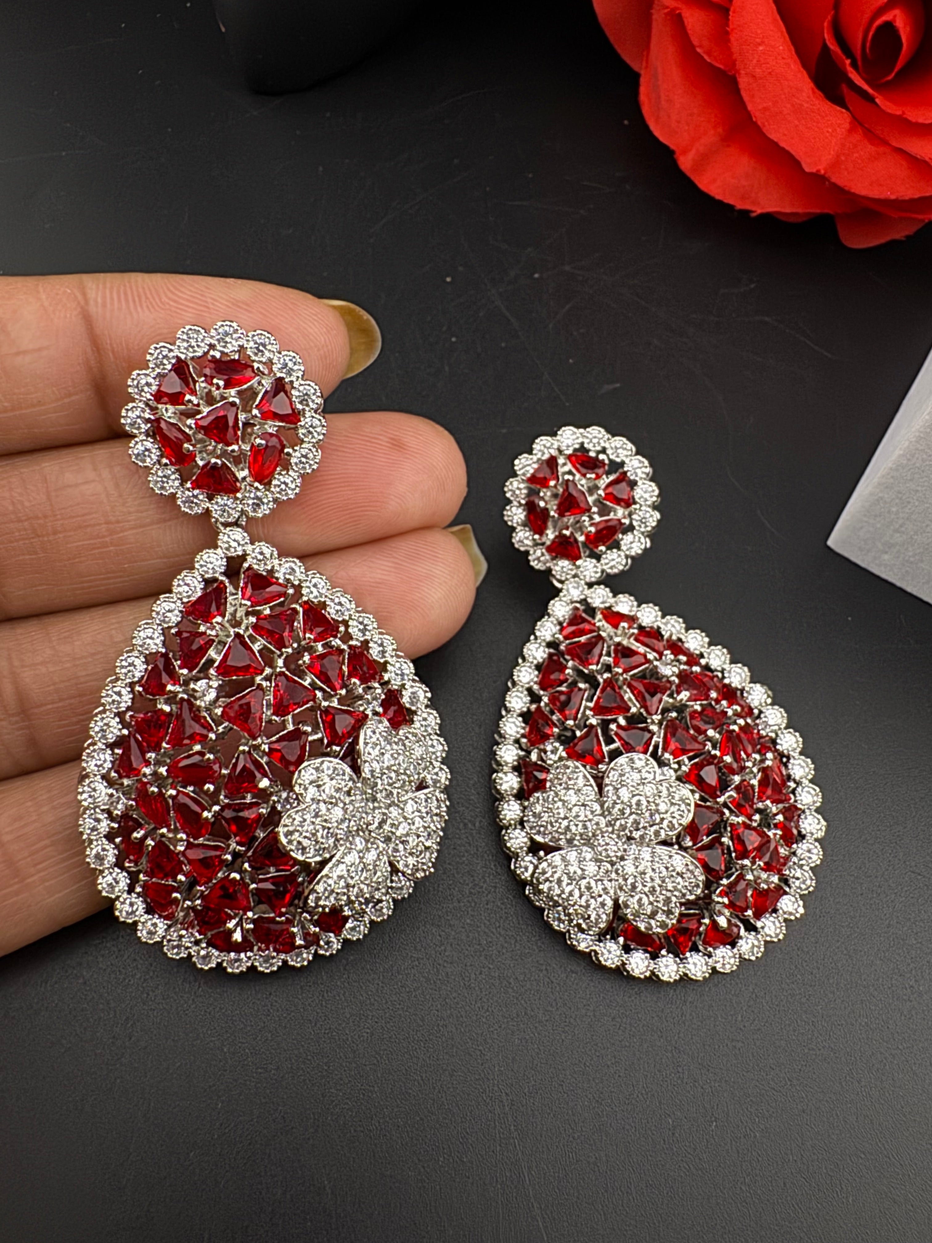 Premium Nano Setting of Cubic Zirconia in silver is designer Inspired Statement Drop Dangle earring/Unique Indian, Bridal, bridesmaid gift