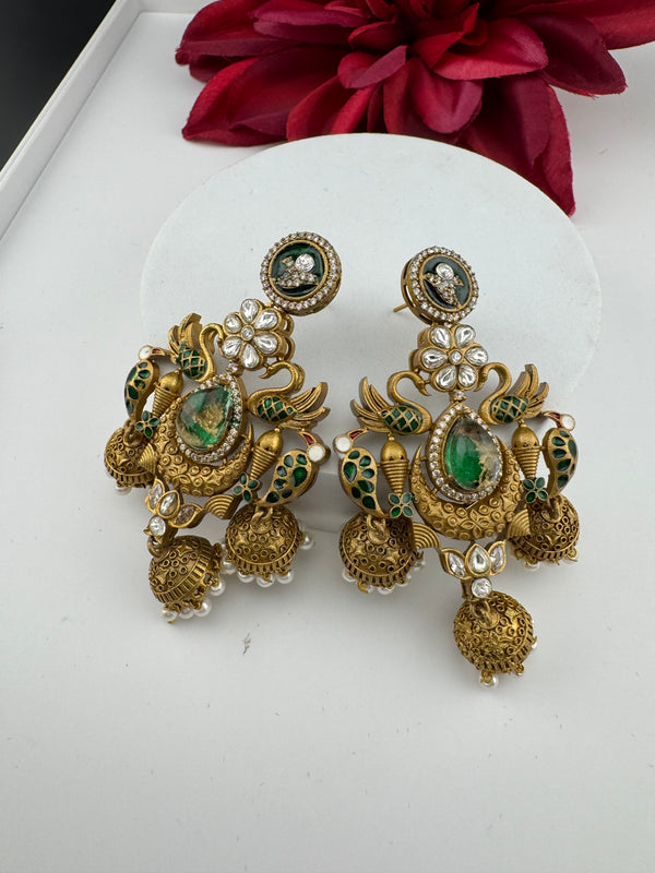 Amrapali inspired Matt Gold, Stone, Enamel, Pearl Oversized ChandBali Jhumka Earrings, designer jewelry
