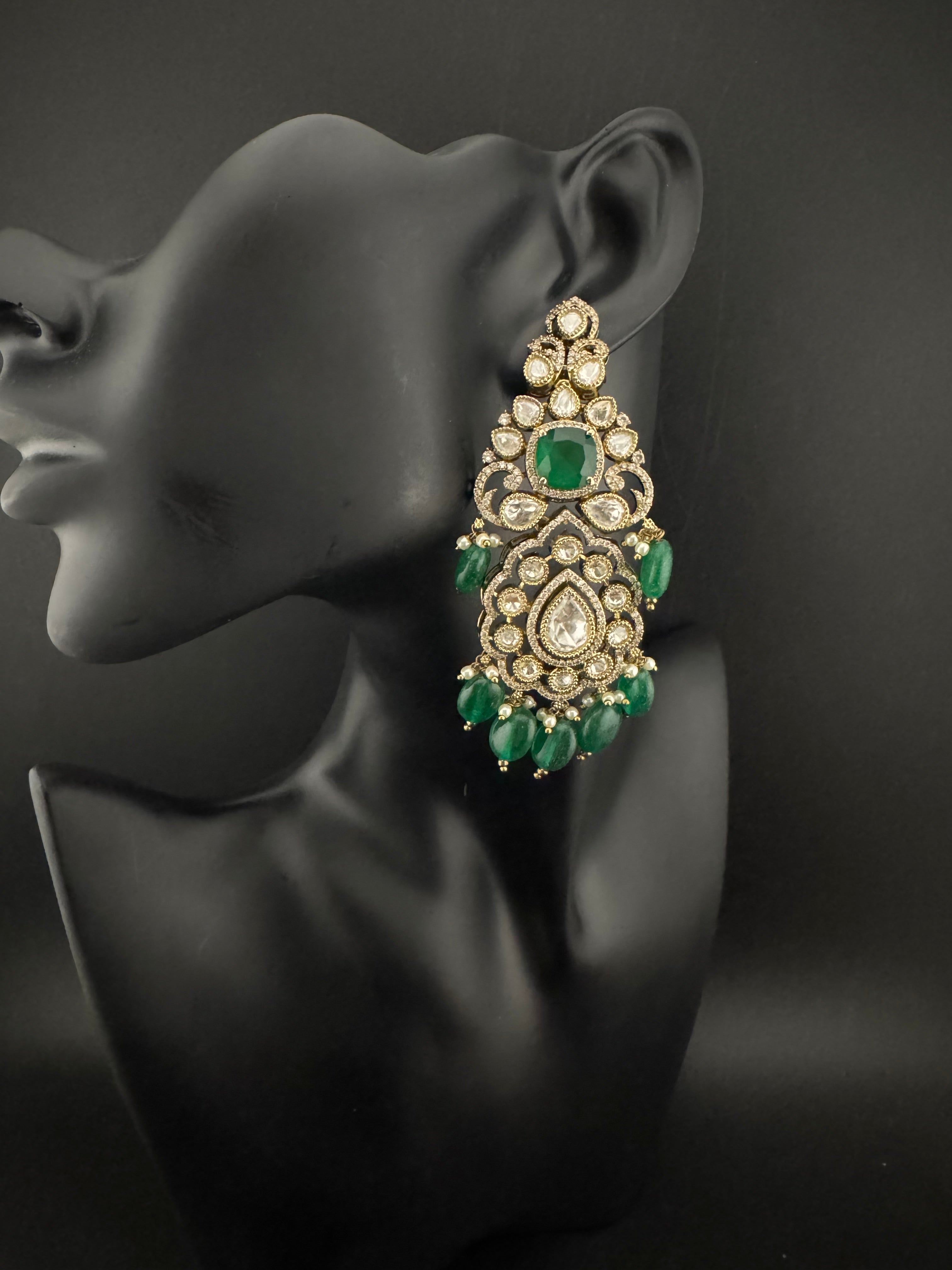 Green and Gold Kundan, Pearls Chandelier Long Earrings, Bridal, Moissanite, CZ, Designer jewelry