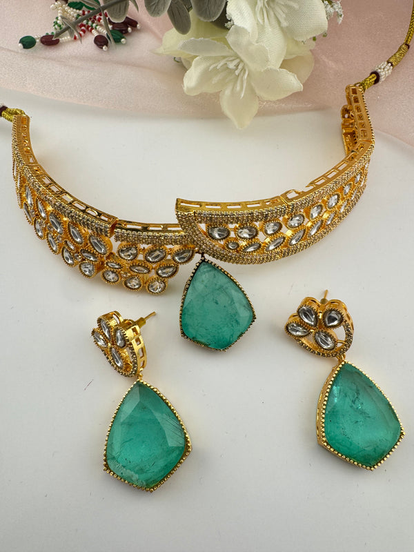 Kundan, CZ, Doublet Stone choker necklace set, Indian Bridal Jewelry set
