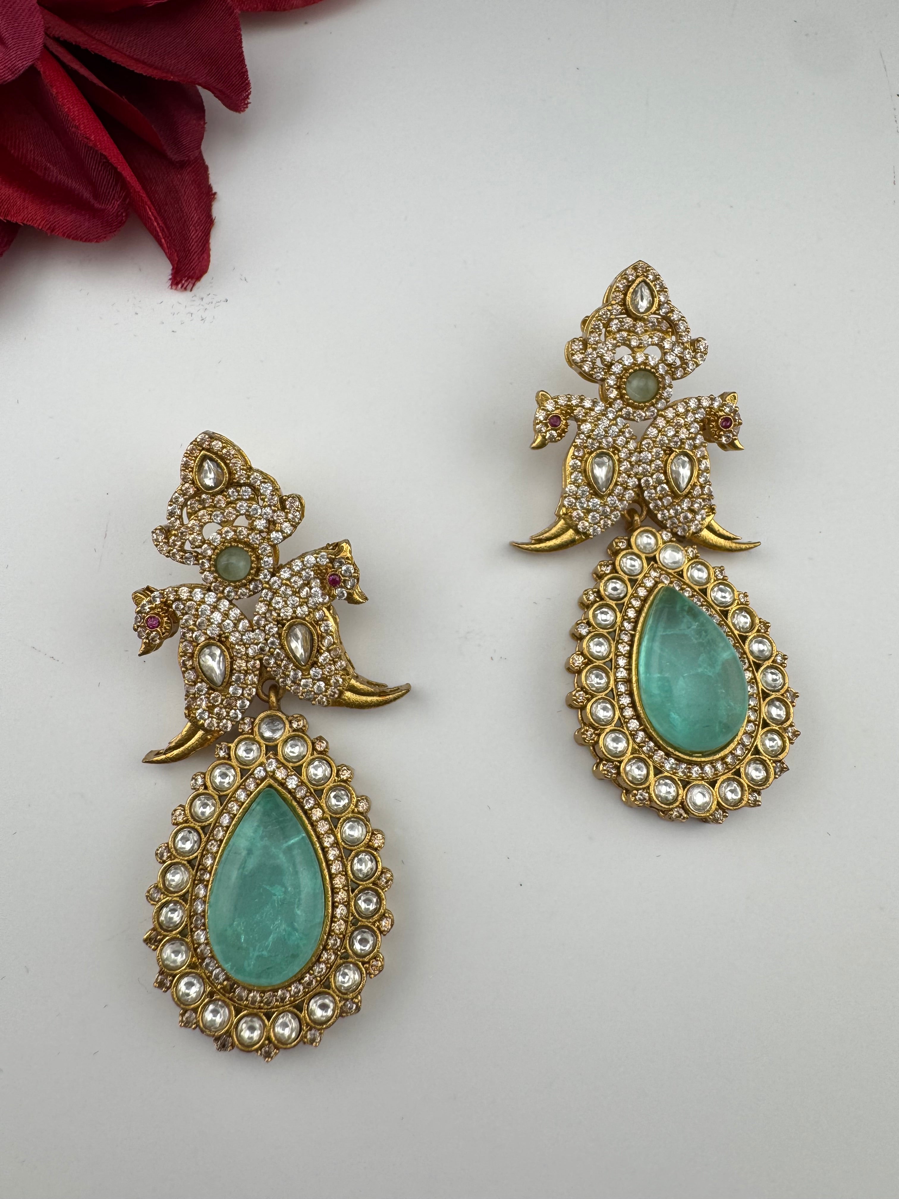 Blue Green and Gold, Doublet Stone Chandelier Long Earrings, Bridal, Moissanite, CZ, Designer jewelry