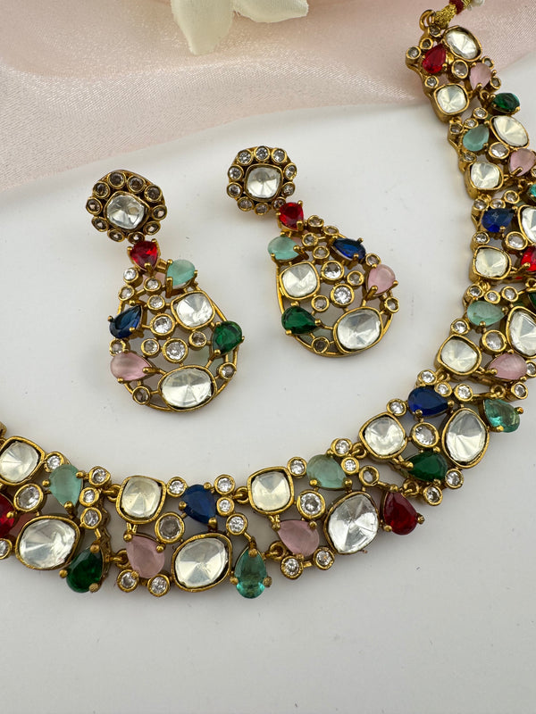Stones, CZ, Kundan Gold necklace set, Indian Bridal Jewelry set