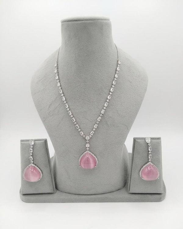 Stone and CZ Diamond Pendant Necklace Set, White Gold Plated set