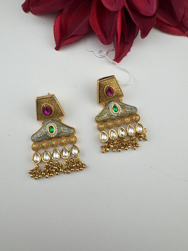 Amrapali inspired Matt Gold, kundan, Turquoise Enamel, ChandBali long Earrings, designer jewelry