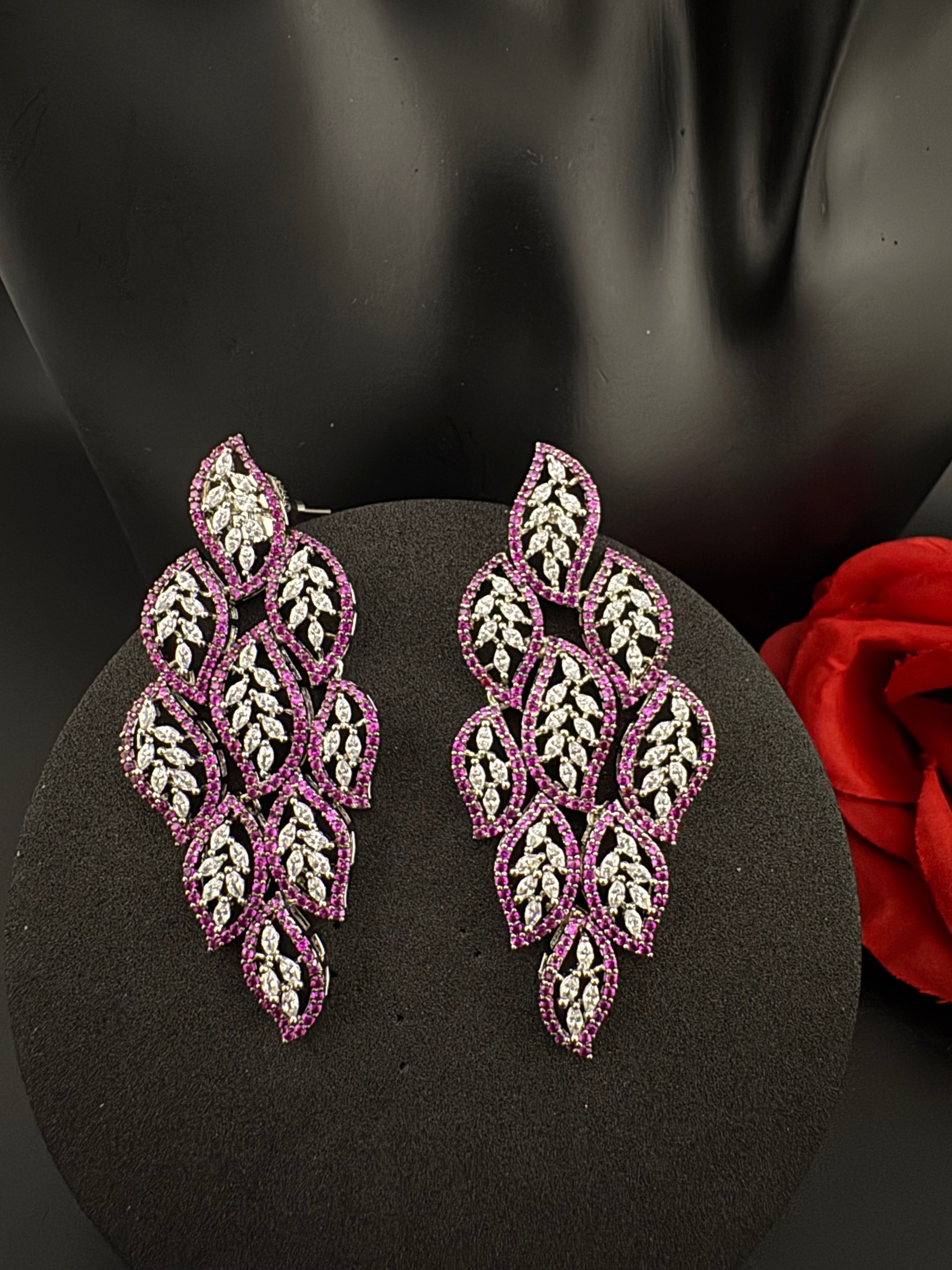 Premium Nano Setting Cubic Zirconia Long Chandelier earrings in leaf shape, stylish, designer Statement long earring/Bridal Bridesmaid