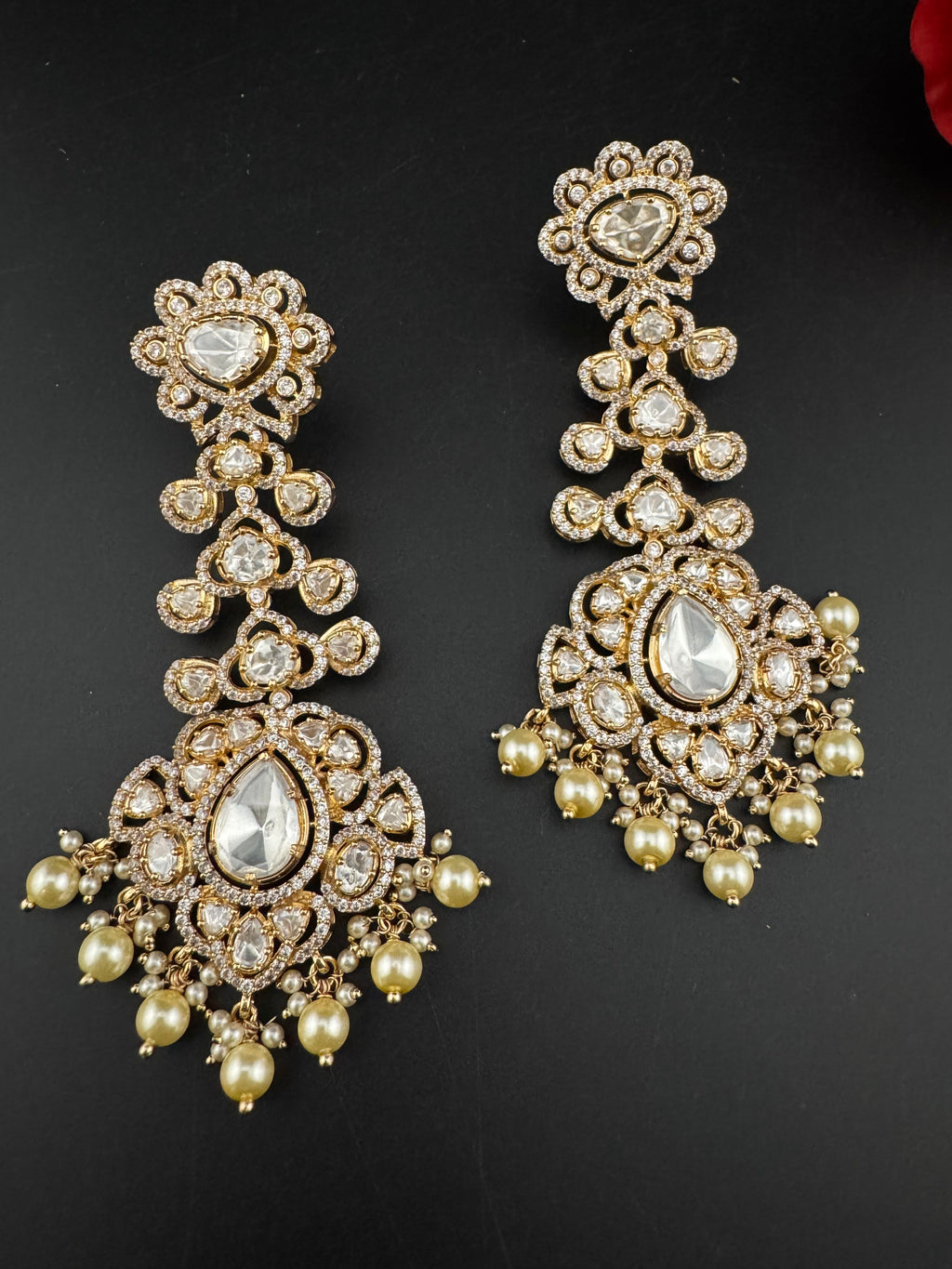 White and Gold Kundan, Pearls Chandelier Long Earrings, Bridal, Moissanite, CZ, Designer jewelry