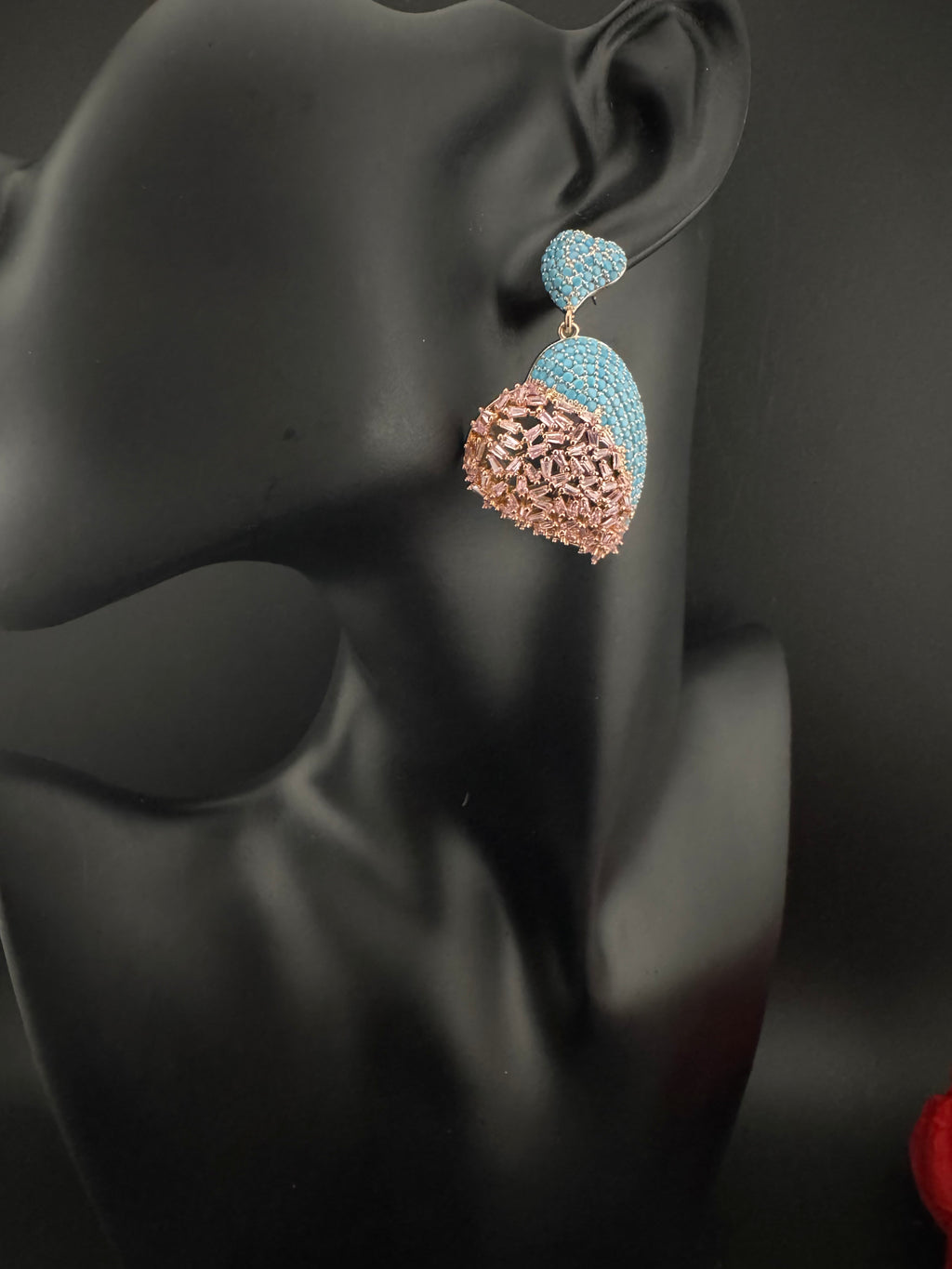 Premium Nano Setting Multicolor Cubic Zirconia, Crystal stones in Unique setting is designer Inspired Statement Heart shaped earrings