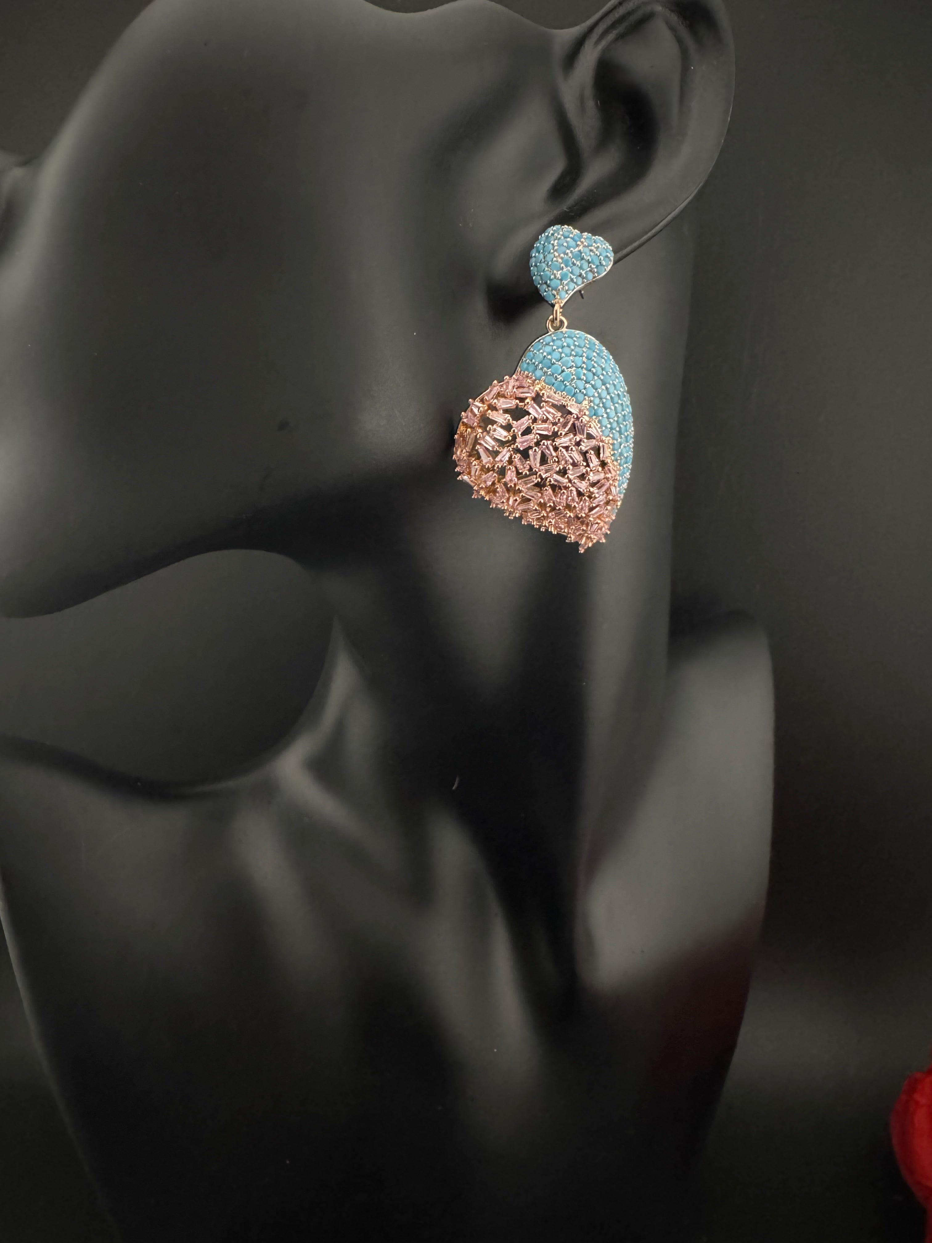 Premium Nano Setting Multicolor Cubic Zirconia, Crystal stones in Unique setting is designer Inspired Statement Heart shaped earrings