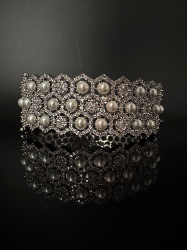 Openable Designer bracelet with Pearls, crystal stones, CZ Nano setting, Fits size upto 2.6"