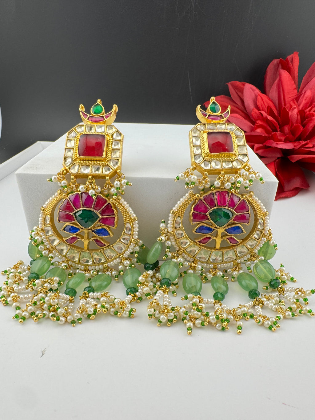 Multicolor pacchi Kundan stones Pearls Oversized Chandelier Long Earrings, Bridal, Designer jewelry