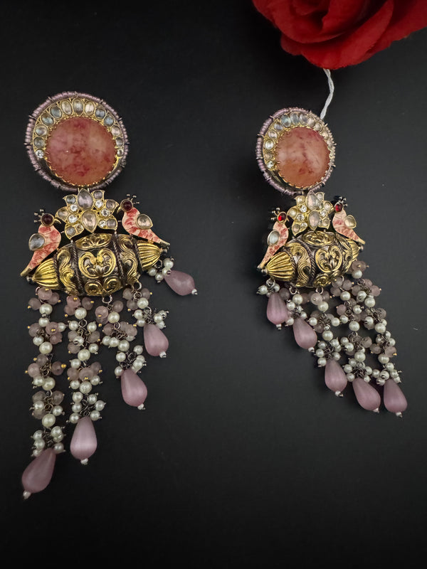 Matt Gold, kundan, Doublet stone, Pearls ChandBali Very long Earrings, Amrapali designer jewelry