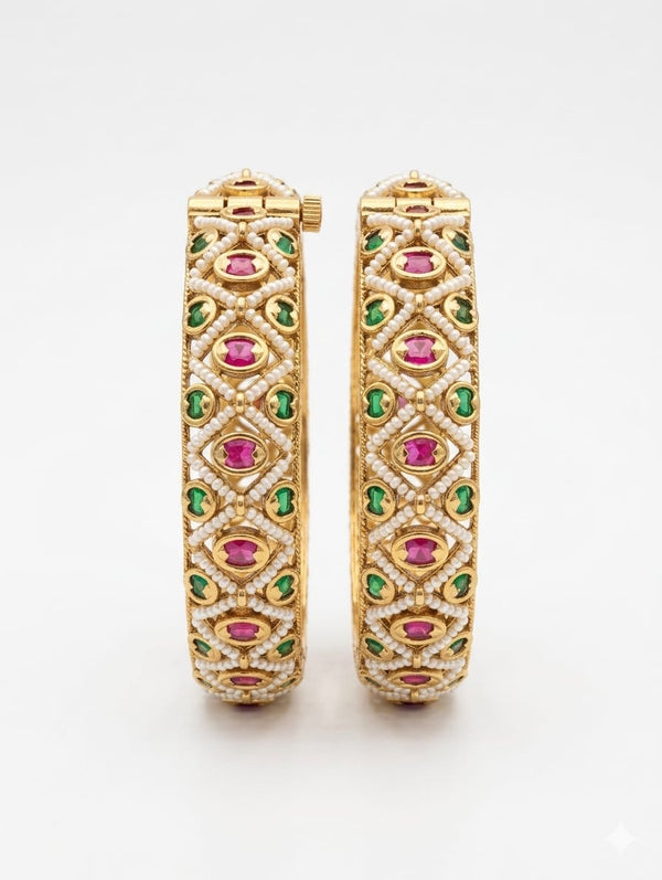 Pearls, Pachi Kundan, Openable Bracelet Bangle set of 2, Gold Polish