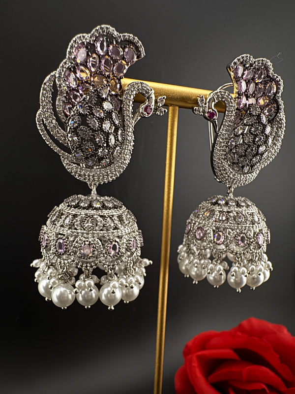 Premium Cubic Zirconia Peacock jhumka earrings is designer Inspired, Statement Long earring, Bridal, Party, Wedding jewelry, chic, Indian