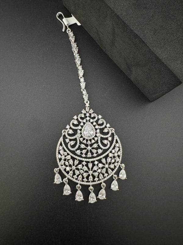 Silver Cubic Zirconia/Diamond Tikka, Indian Maang Tikka, Headpiece, Bridal jewelry
