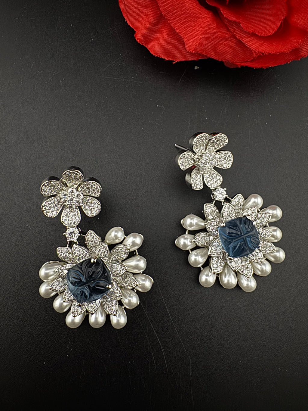 Premium Nano Setting Cubic Zirconia Carved Stone Pearls Drop earrings in unique 3D shape, stylish, Statement earring/Bridal Bridesmaid gift