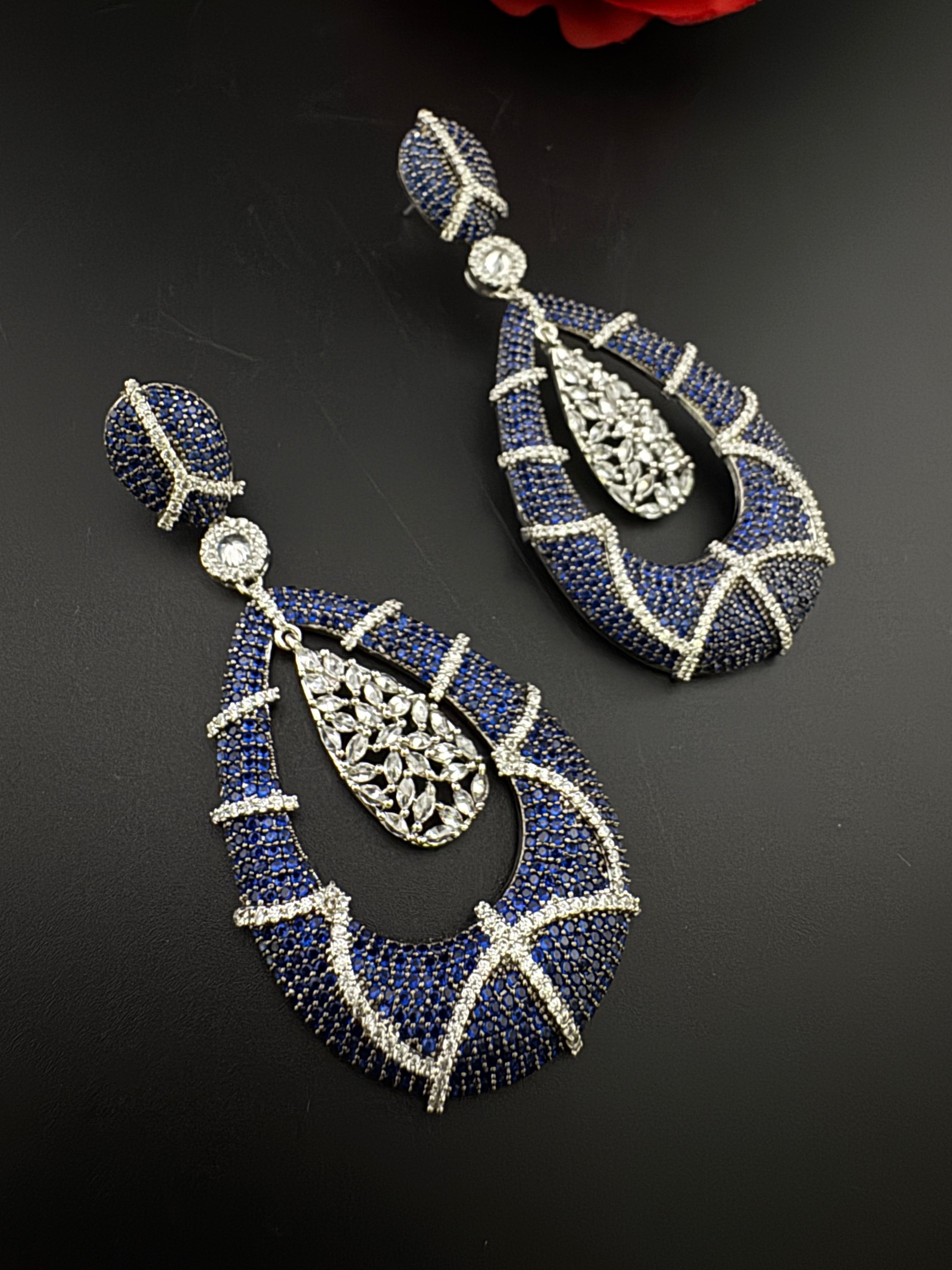 Premium Nano Setting Cubic Zirconia Long earrings in Drop shape, stylish, designer Inspired Statement long earring/Bridal Bridesmaid earring