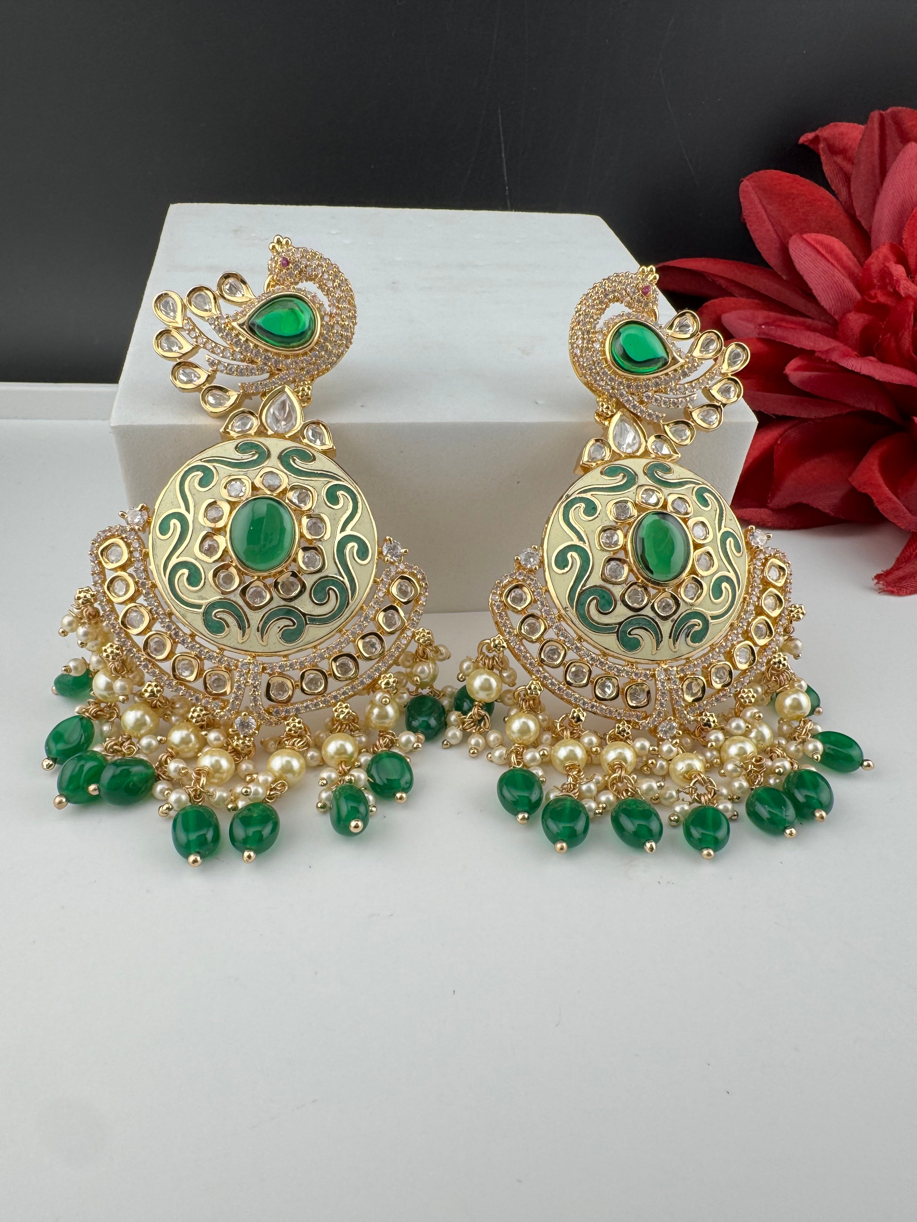 Enamel and Gold Kundan Chandelier Long Earrings, High shine Bridal Moissanite CZ, Designer Earrings