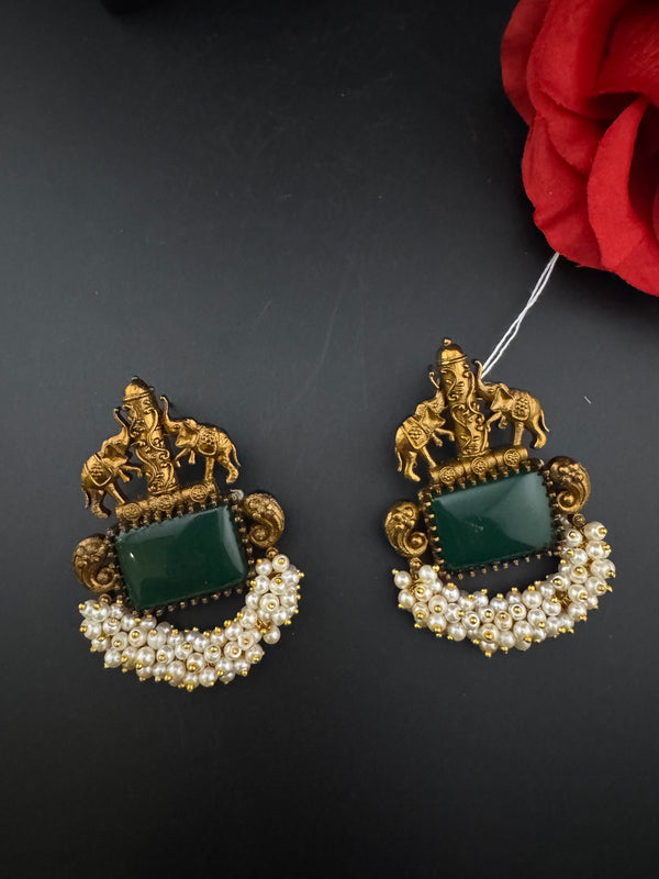 Amrapali inspired Matt Gold, Stone, pearls, Chandbali Earrings, designer jewelry