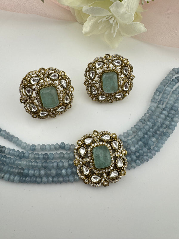 Moissanite Kundan, Hydro beads, CZ, Stones Choker necklace set, Indian Bridal Jewelry, chic set