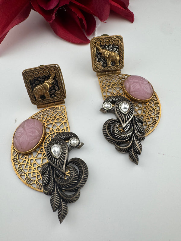 Antique Gold, Oxidized, Carved Stones Chandbali Dangle Earrings, Amrapali inspired Designer jewelry