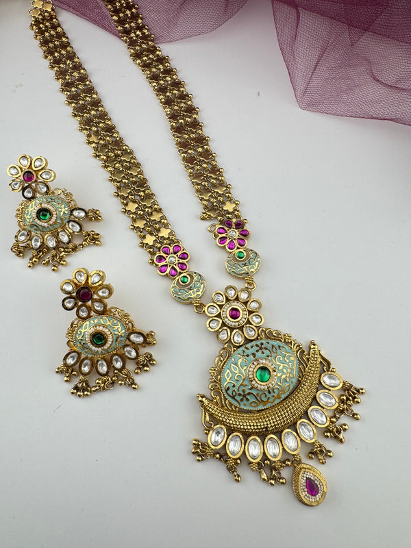 Rajwadi Kundan Enamel Stones Gold Necklace Set, Indian Bridal Rani Haar