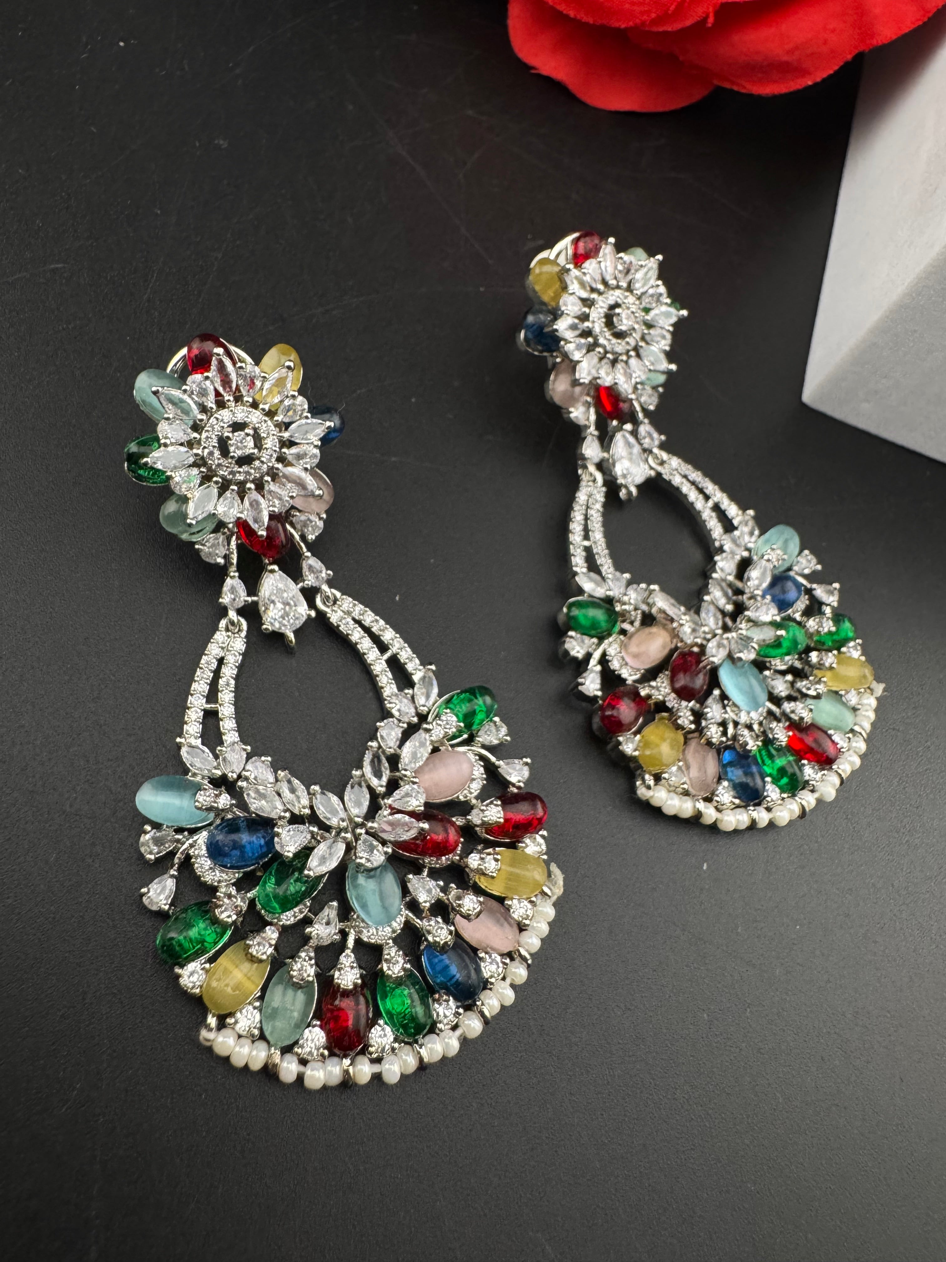 Premium Cubic Zirconia Pearl Chandelier Drop earrings is designer Inspired, Statement Drop Dangle earring, Bridal, Party, Wedding jewelry,