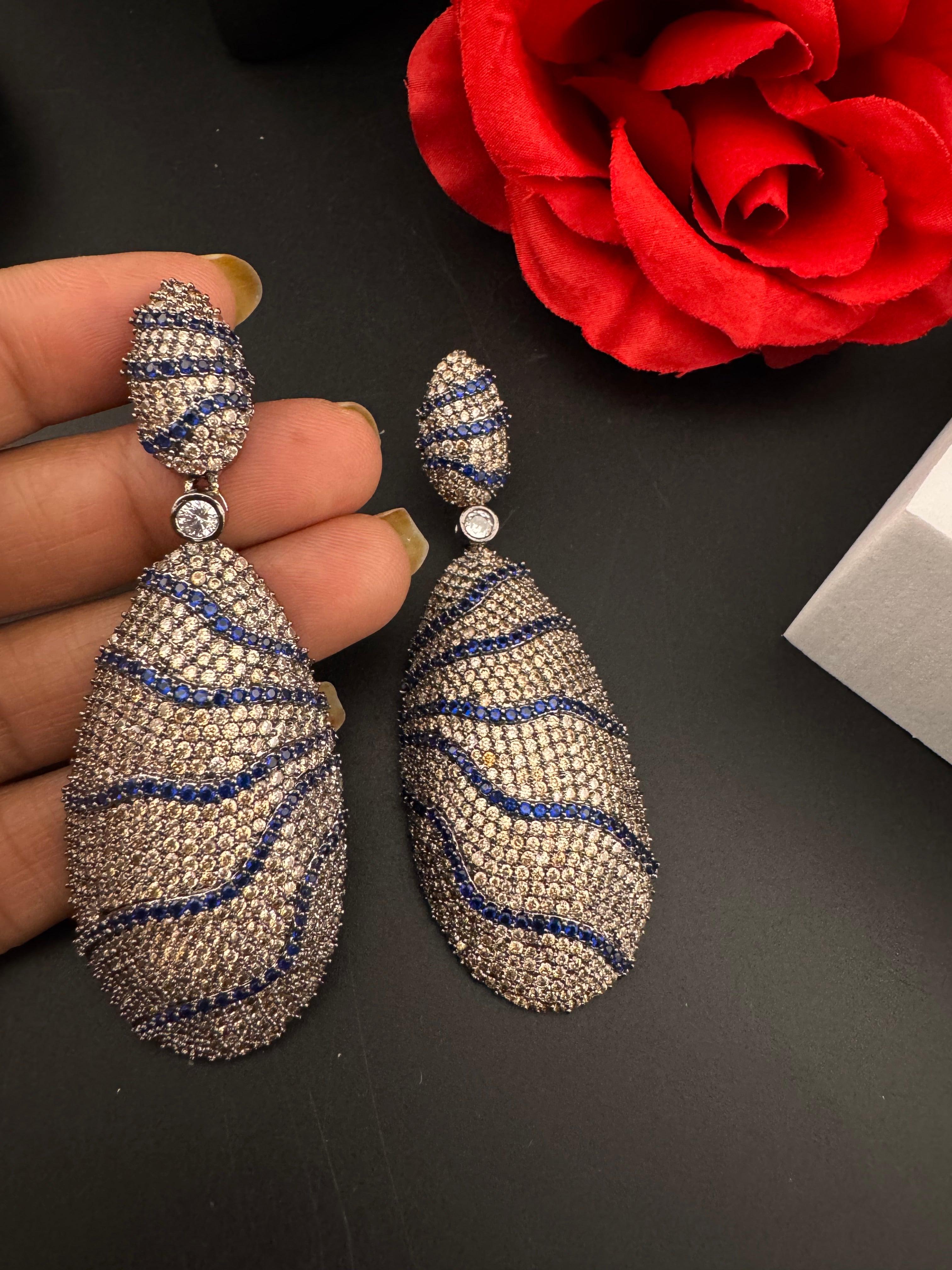 Premium Nano Setting Cubic Zirconia Victorian Long earrings in Dangle Drop shape, designer Inspired Statement long drop dangle earrings