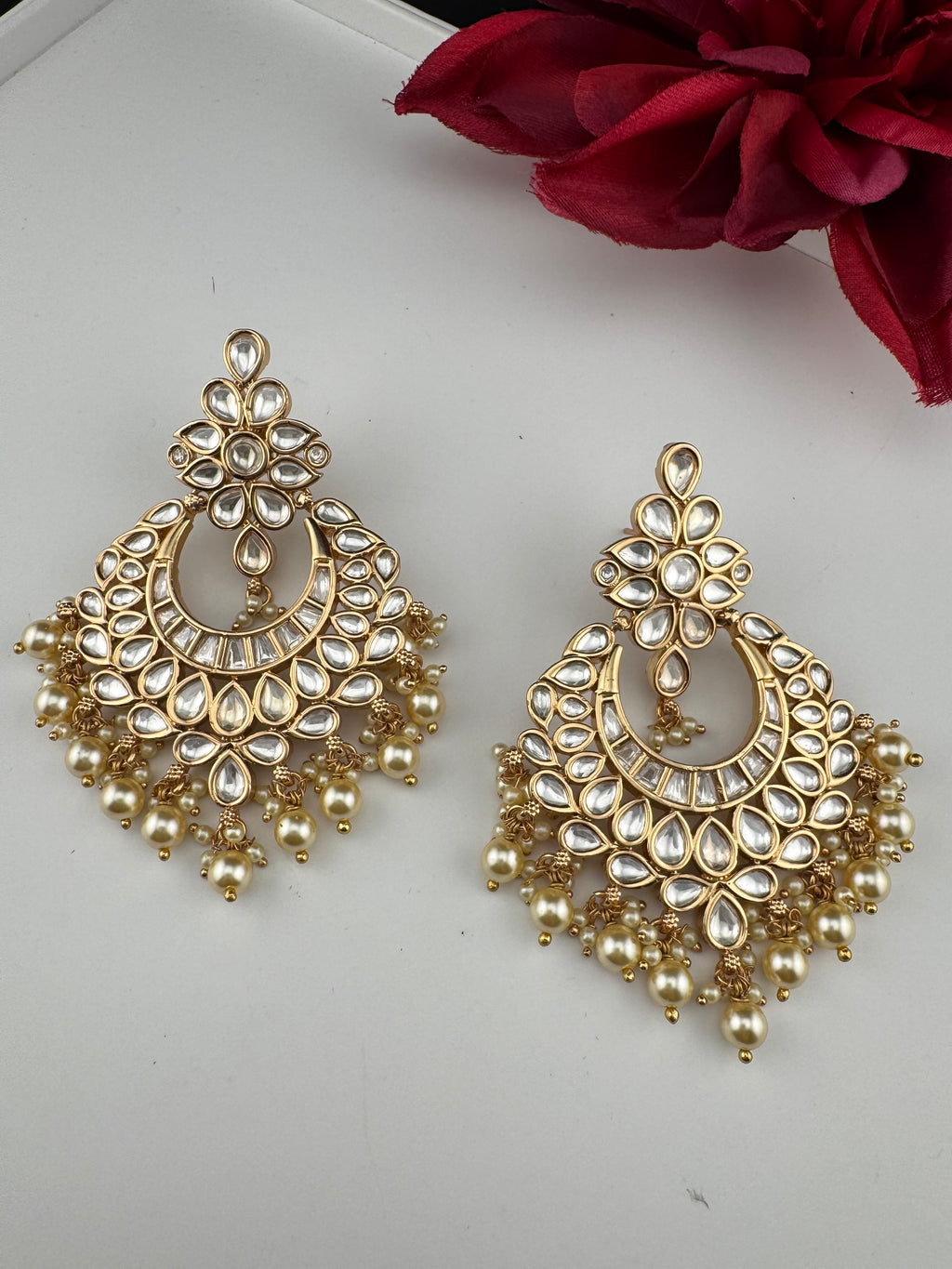 White and Gold Kundan, Pearls Chandelier Earrings, High shine Bridal, Moissanite ,CZ, Designer jewelry