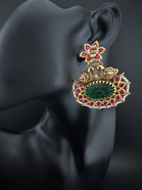 Gold and Green Carved stone, pacchi Kundan, Pearls Chandelier Chandbali Earrings, Bridal Designer jewelry